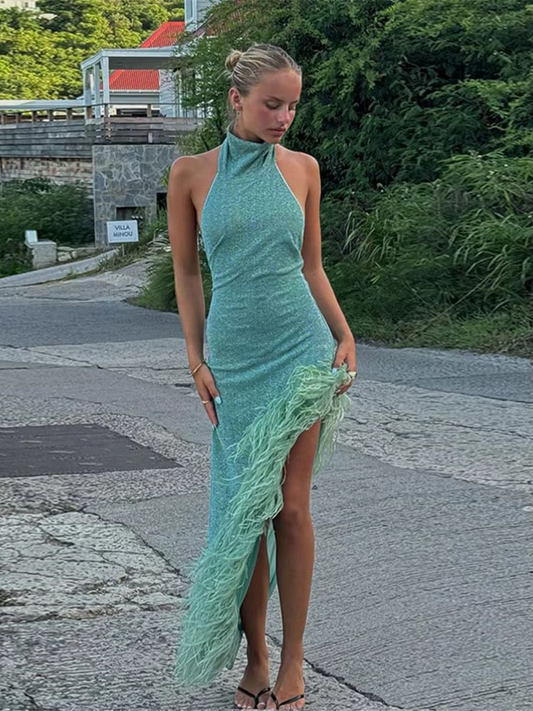 Sexy Backless Irregular Feather Hem Long Dress Women Fashion Sleeveless Bodycon Halter Dresses New Evening Party Robes