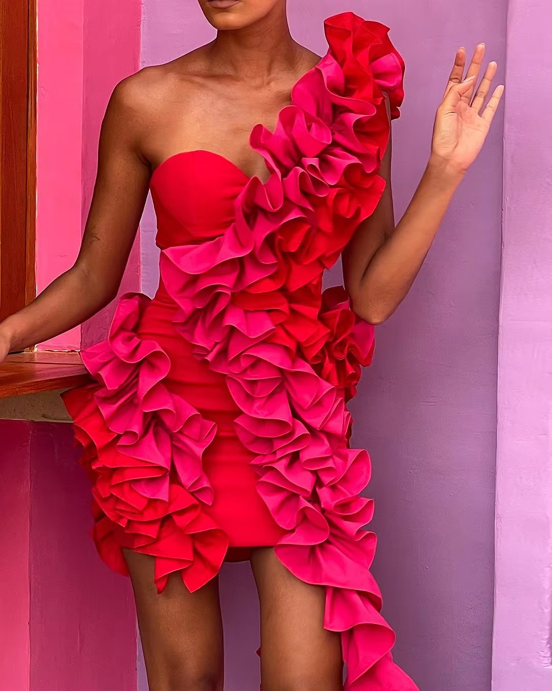 Dream Ruffles Mini Dress One Shoulder Strips Short Prom Party Dresses Red Fuchsia Birthday Dress