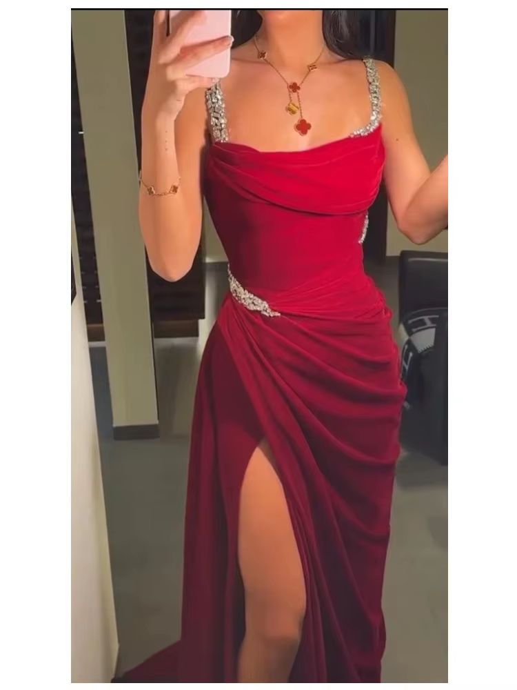 Long Evening Dresses Red Prom Dresses High Side Slit Sexy Formal Dresses Sleeveless Prom Cocktail Gown