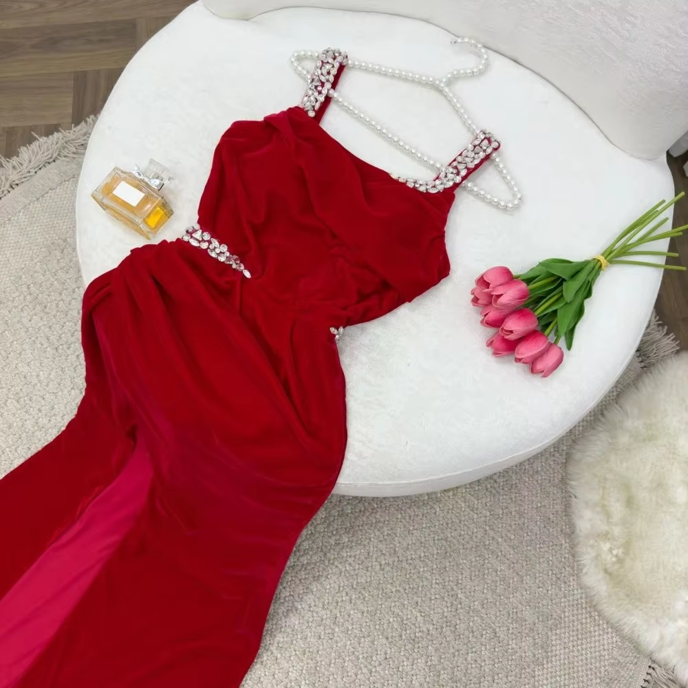 Long Evening Dresses Red Prom Dresses High Side Slit Sexy Formal Dresses Sleeveless Prom Cocktail Gown