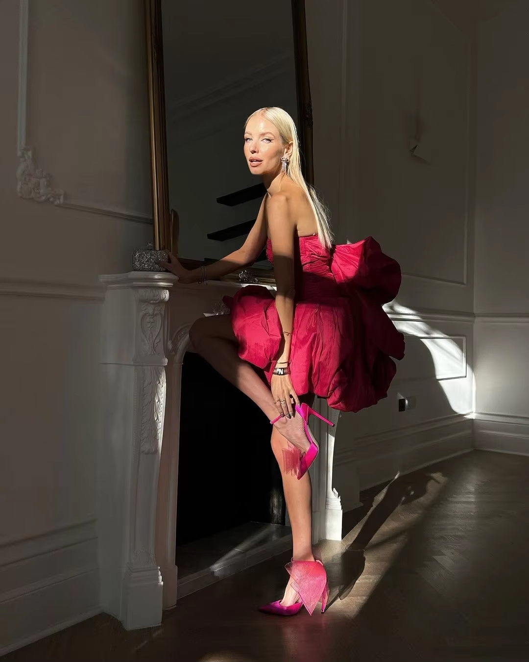 Strapless Hot Pink Bodycon Mini Length Dress With Big Bow Asymmetrical Short Party Dress Smooth Satin Cocktail Dress Ever Pretty