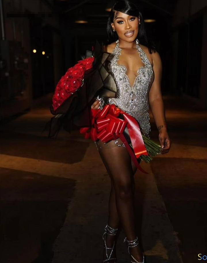 Sliver Crystal Beaded Prom Dresses Black Girl Halter African Mermaid Birthday Dress Luxury