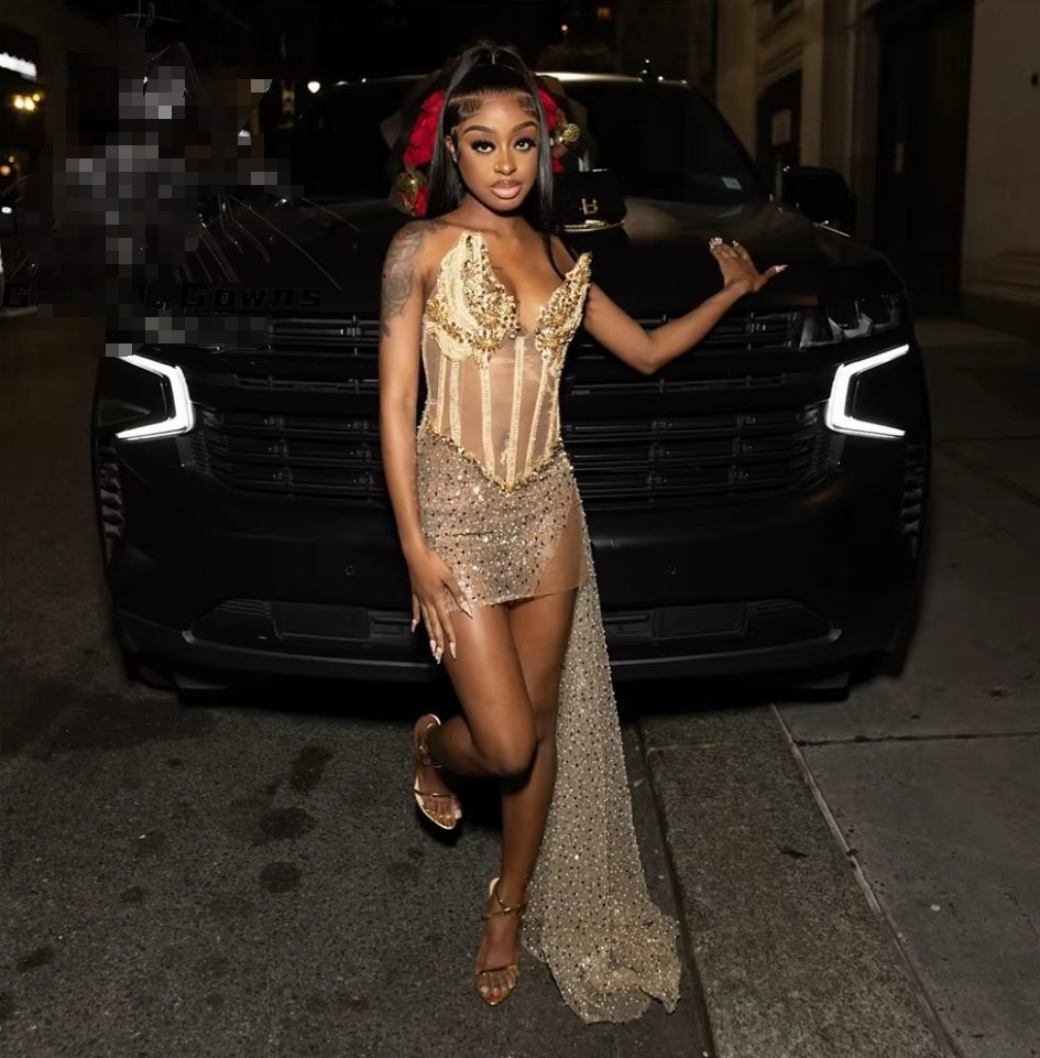 Gold Strapless Bead Crystal Rhinestone Prom Dresses Short Sequin Black Girl Birthday Luxury Dress Side Train Mini Cocktail