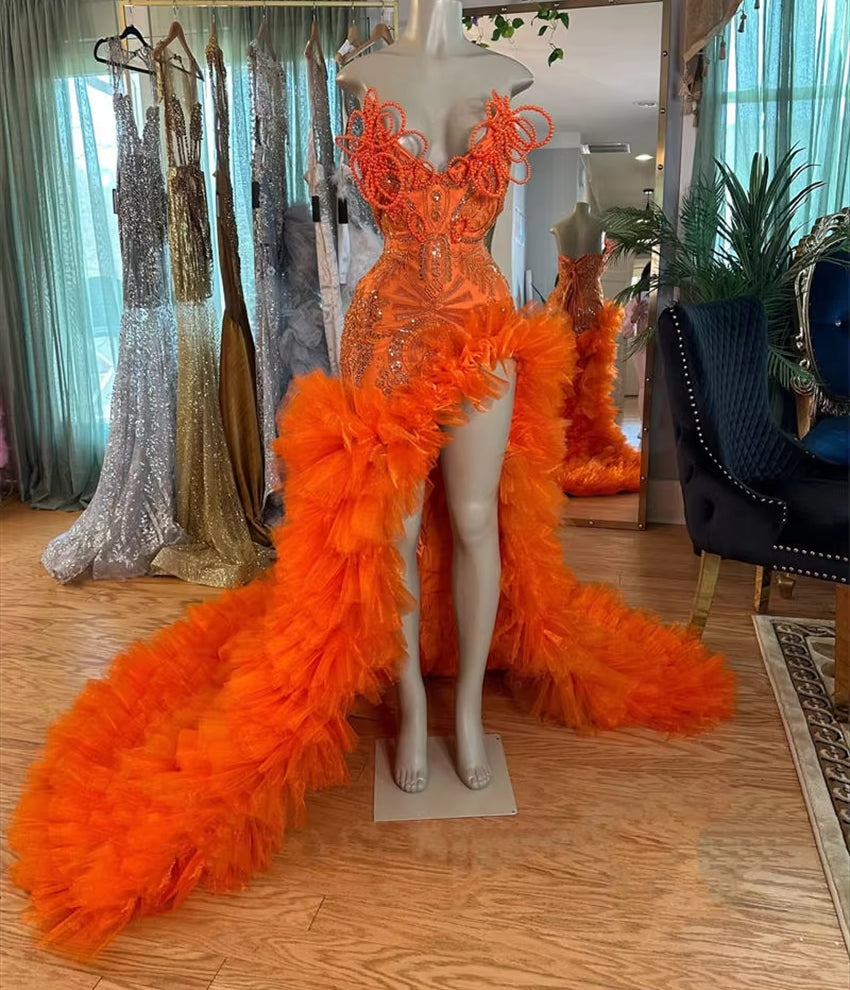 Orange Long Prom Dress Luxury Birthday Dress Crystal Rhinestones Beading Split Ruffle Elegant Party Gown