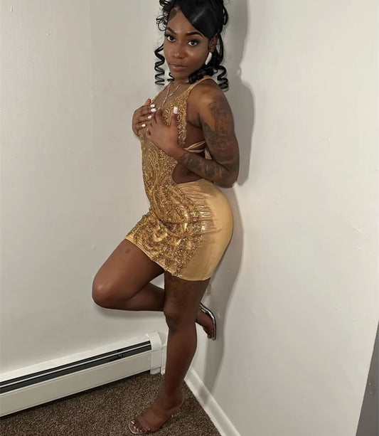 Sparkly Gold Short Prom Dress Halter Glitter Bead Crystals Rhinestones Cocktail Birthday Party Gown Homecoming