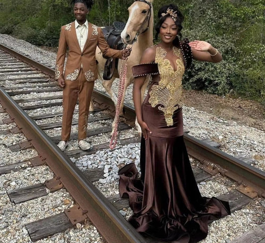 Brown Mermaid Prom Dress For Black Girls African Gold Crystal Beading Formal Party Gala Gowns