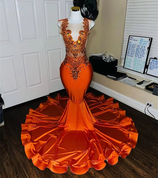 Orange O Neck Long Prom Dress For Black Girls Beaded Crystal Diamond Birthday Party Gowns Mermaid Evening Dresses Customized