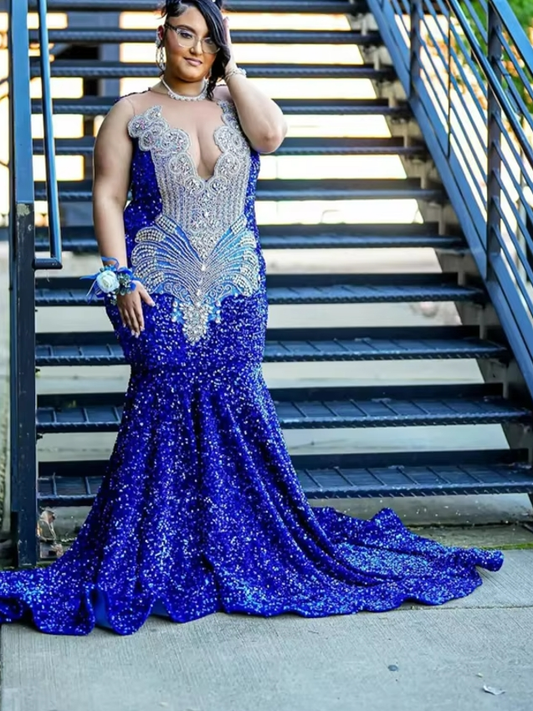 Royal Blue O Neck Long Prom Dress For Black Girls Beaded Crystal Diamond Birthday Party Gowns Sequin Evening Dresses