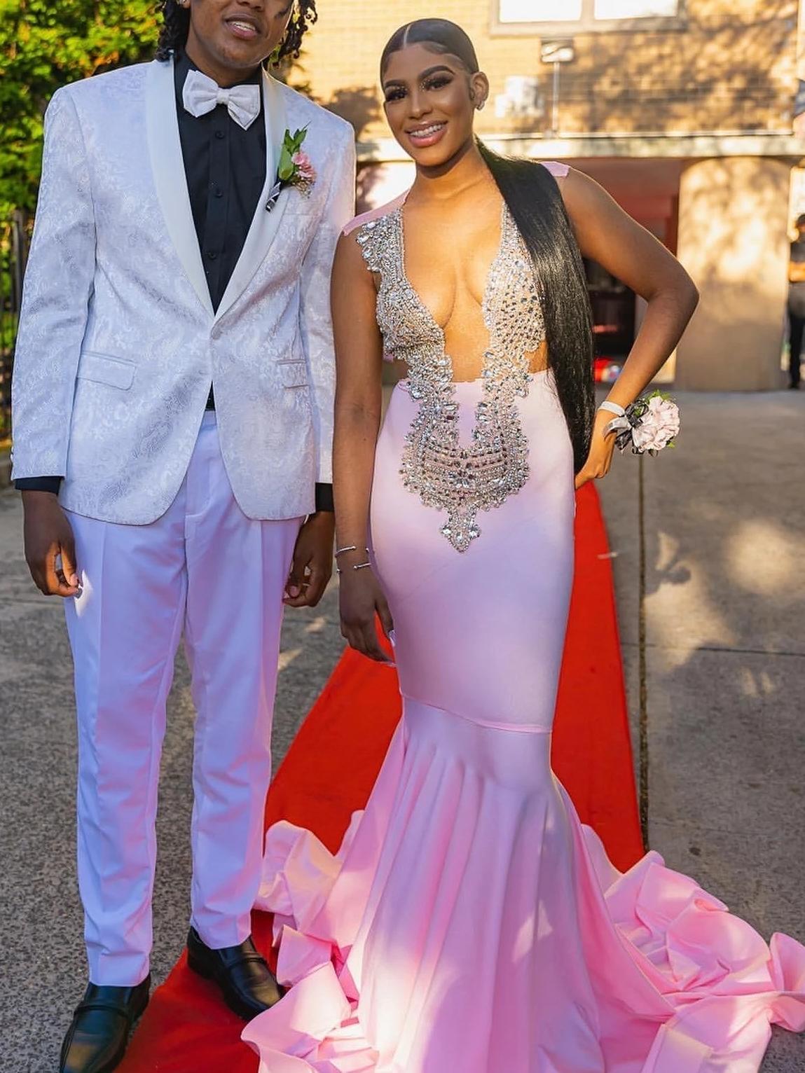 Pink Mermaid Prom Dress For Black Girls Silver Crystal Beaded Formal Party Gala Gown