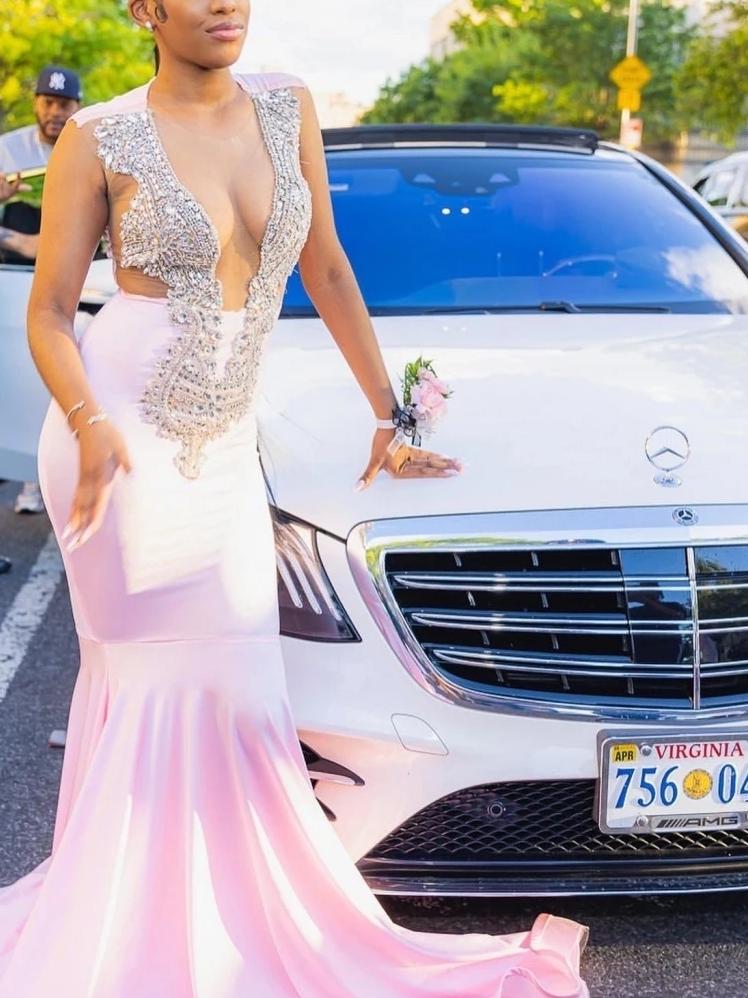 Pink Mermaid Prom Dress For Black Girls Silver Crystal Beaded Formal Party Gala Gown