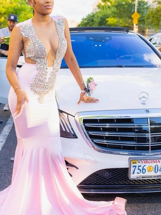 Pink Mermaid Prom Dress For Black Girls Silver Crystal Beaded Formal Party Gala Gown