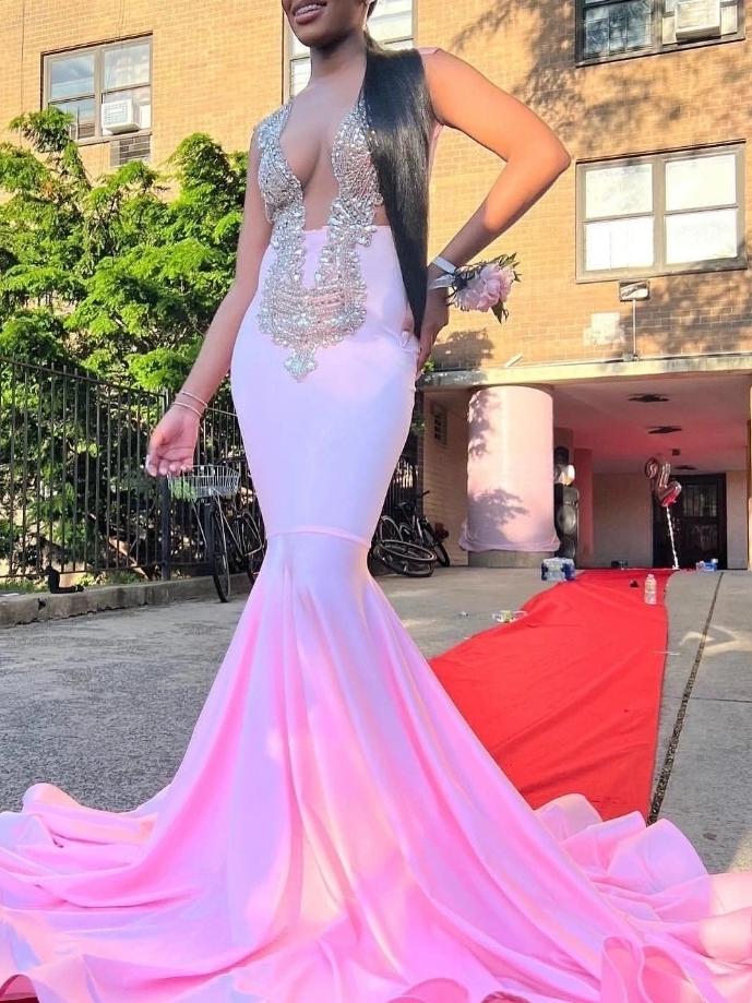 Pink Mermaid Prom Dress For Black Girls Silver Crystal Beaded Formal Party Gala Gown