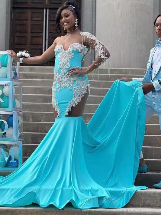 Turquoise Blue African Mermaid Prom Celebrity Gown with Long Sleeve One Shoulder Crystal Applique Evening Birthday Dress