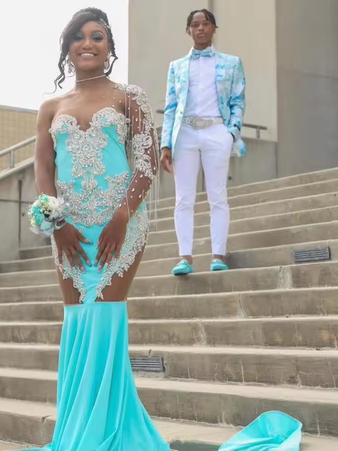 Turquoise Blue African Mermaid Prom Celebrity Gown with Long Sleeve One Shoulder Crystal Applique Evening Birthday Dress