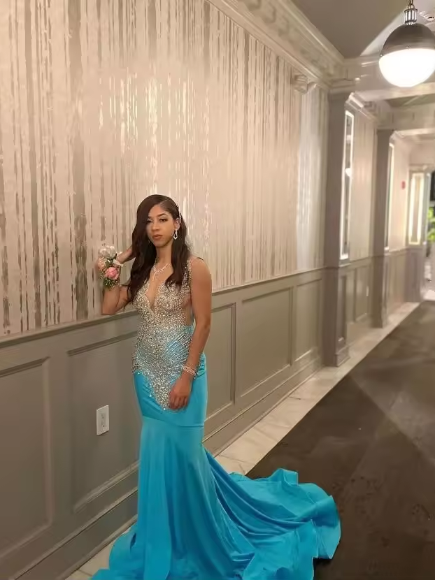 Sky Blue Long Mermaid Prom Birthday Dresses for Black Girl Sparkly Diamond Crystal Sheer Mesh Evening Gown
