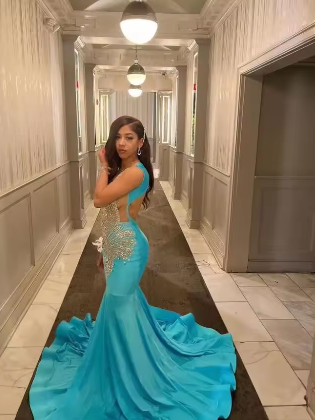 Sky Blue Long Mermaid Prom Birthday Dresses for Black Girl Sparkly Diamond Crystal Sheer Mesh Evening Gown