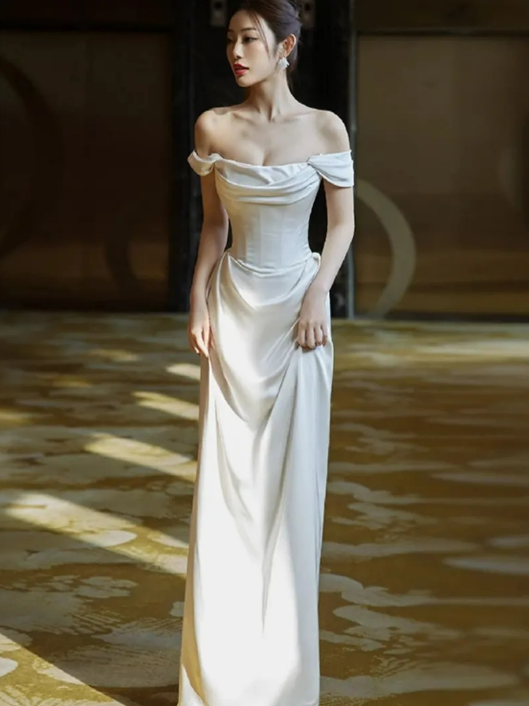 Evening Dresses, Formal Dresses, Evening Gowns, Prom Dresses,Off-Shoulder Plain A-Line Evening Gown Long Corset Prom Evening Formal Dresses