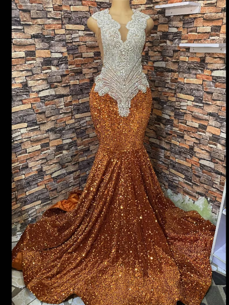 Unique orange Embellished Mermaid Dress, Sleeveless Dress,Long Prom Dress,Black girl dress,Wedding Dress, Reception Dress,Free Shipping