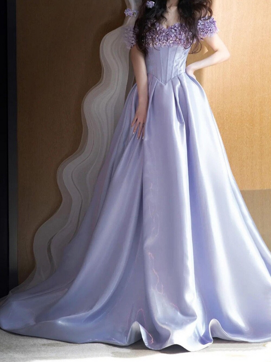 Off Shoulder Lavender Floral Prom Dress, Elegant Prom Dress, Prom Dress, Cocktail Party Dress, Evening Dress, Party Gown, Birthday Dress