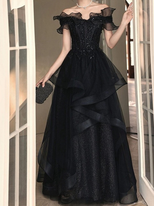 Black Off Shoulder Tulle Prom Dress, Lace Prom Dress, Tulle Prom Dress, Cocktail Dress, Evening Party Dress, Birthday Dress, Party Dress