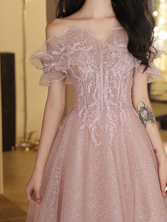 Pink Off Shoulder Prom Dress, Tulle Prom Dress, Lace Prom Dress, Cocktail Party Dress, Evening Party Dress, Party Gown, Long Ball Gown