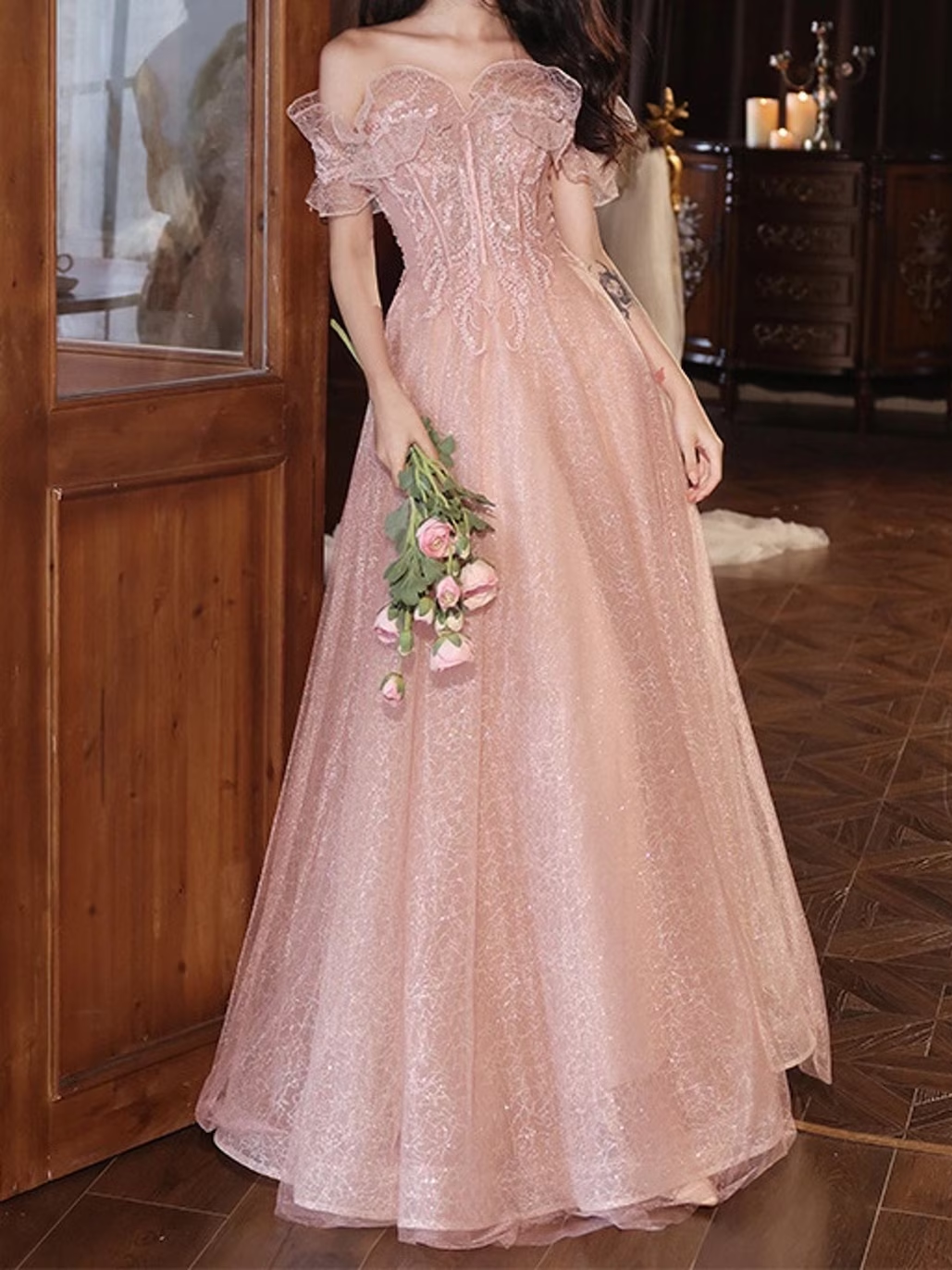 Pink Off Shoulder Prom Dress, Tulle Prom Dress, Lace Prom Dress, Cocktail Party Dress, Evening Party Dress, Party Gown, Long Ball Gown
