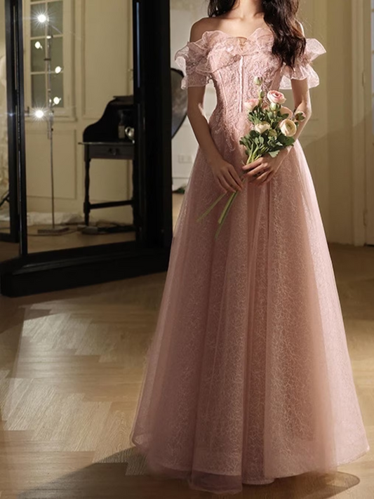 Pink Off Shoulder Prom Dress, Tulle Prom Dress, Lace Prom Dress, Cocktail Party Dress, Evening Party Dress, Party Gown, Long Ball Gown