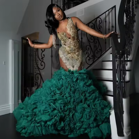 Green Prom Dresses Women Luxury Gold Rhinestone Ruffles Mermaid Party Dress Long Crystal African Evening Gowns 2025 Customized