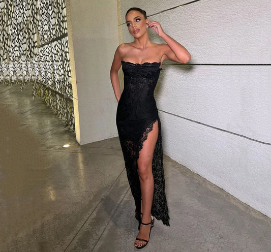 Black Strapless Prom Dresses Sexy High Split Lace Night Party Dress Formal Evening Gowns Corset Back