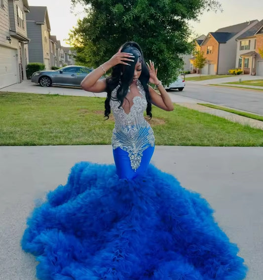 Royal Blue Rhinestone Prom Dresses Long O N Bead Crystal 2025 Birthday Luxury Dress Ruffles Evening Gown Black Girls Customized