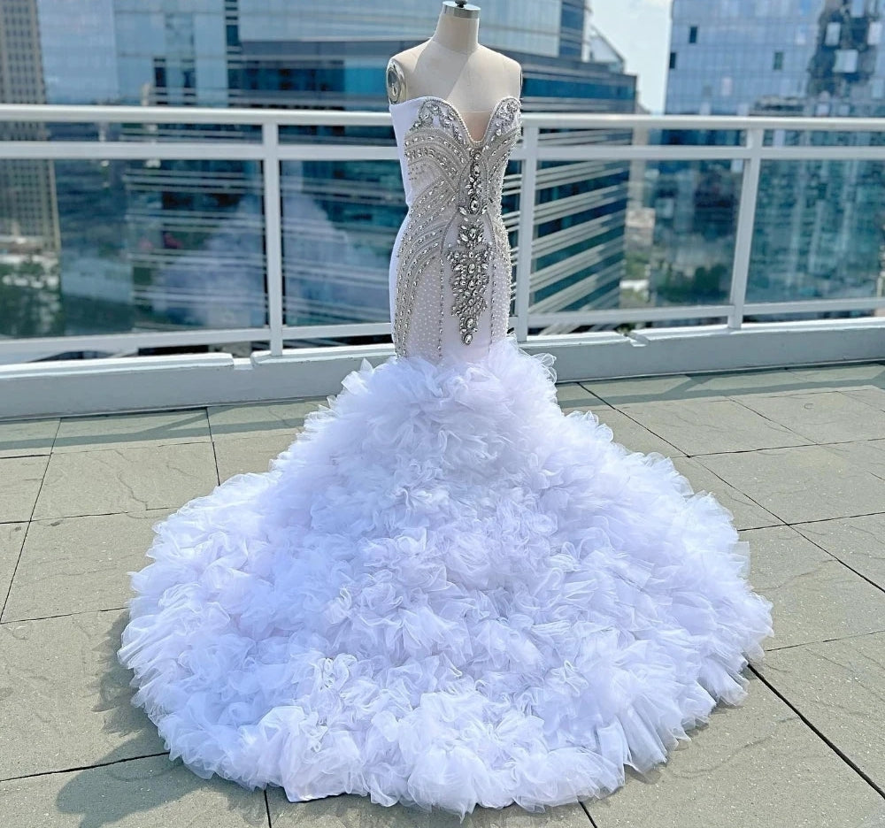 Customized African White Mermaid Ruffles Prom Dress Beading Crystals Long Formal Party Evening Gowns