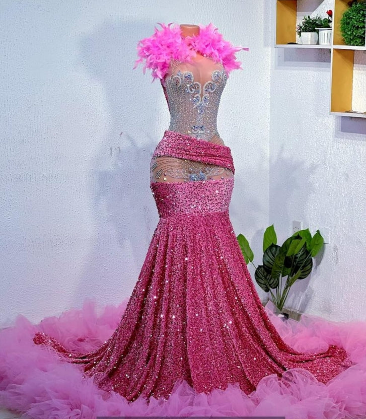 African prom dress,ruffle prom dress, luxury mermaid prom dress, bridesmaid wedding party gown, pink evening gown, birthday shoot party gown