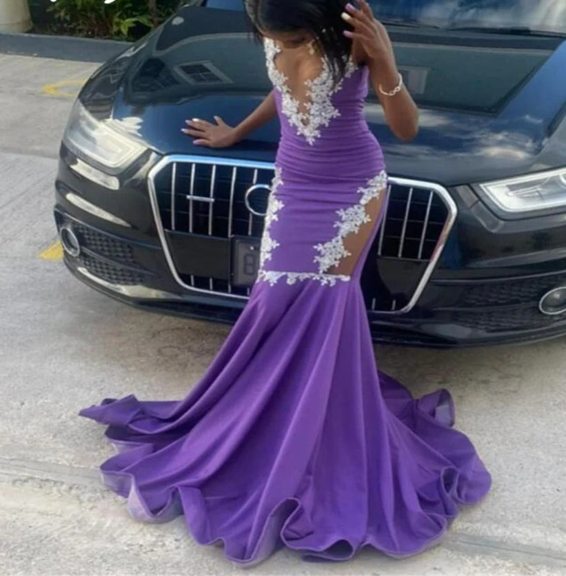 Chic Purple Black Girls Prom Dresses With Lace Velvet Open Back Nigeri