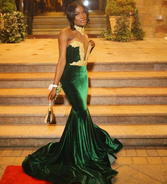Customized Green Velvet Mermaid Prom Dress For Black Girls Gold Lace Crystal Beaded Party Gala Gown Robe De Soiree