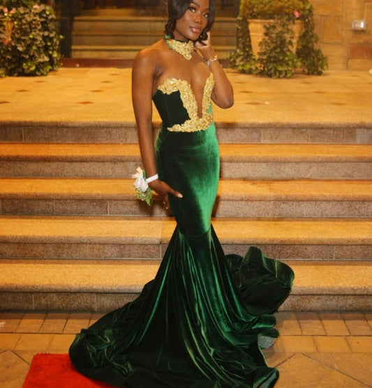 Customized Green Velvet Mermaid Prom Dress For Black Girls Gold Lace Crystal Beaded Party Gala Gown Robe De Soiree