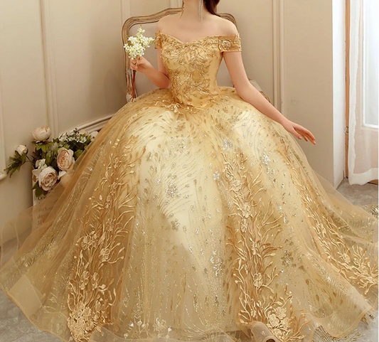 Gold Embroidered Formal Prom Dress,Off Shoulder Gold Dress,Yellow Princess Prom Dress,Bridal Shower Dress,Wedding Dress,Evening Party Dress