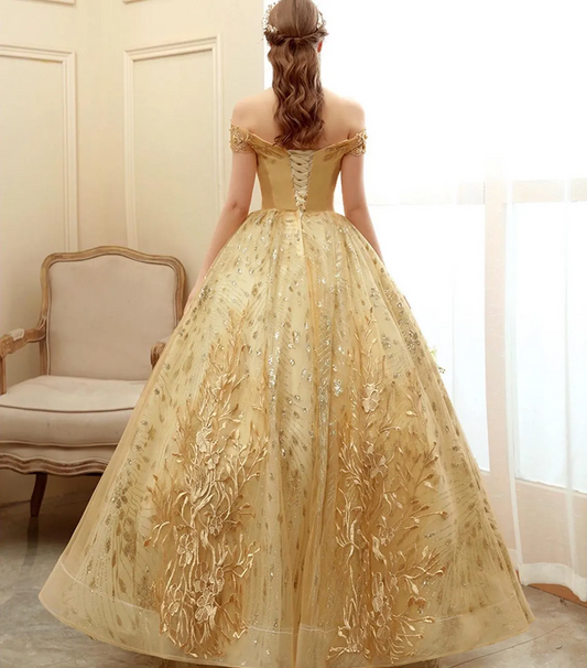 Gold Embroidered Formal Prom Dress,Off Shoulder Gold Dress,Yellow Princess Prom Dress,Bridal Shower Dress,Wedding Dress,Evening Party Dress