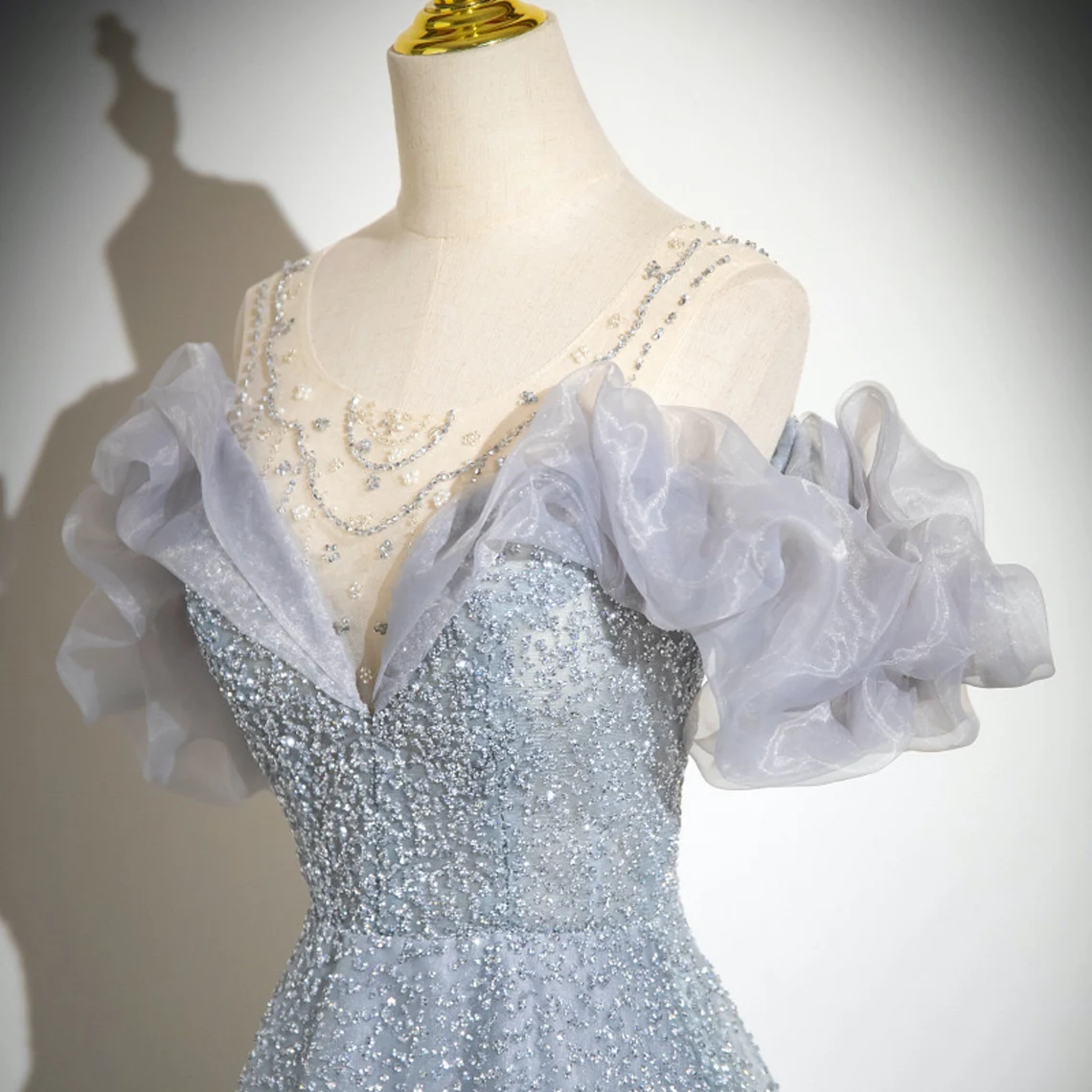 Bule Off the Shoulder Tulle Long Prom Dress,Sparkly Blue Gown,Fairy Prom Dress,Wedding Party Gowns,Formal Evening Dress,Evening Prom Dress
