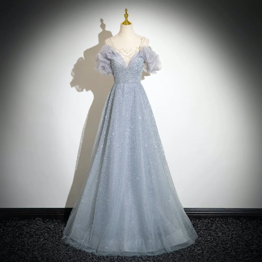 Bule Off the Shoulder Tulle Long Prom Dress,Sparkly Blue Gown,Fairy Prom Dress,Wedding Party Gowns,Formal Evening Dress,Evening Prom Dress