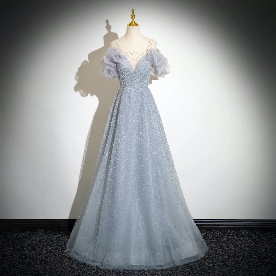 Bule Off the Shoulder Tulle Long Prom Dress,Sparkly Blue Gown,Fairy Prom Dress,Wedding Party Gowns,Formal Evening Dress,Evening Prom Dress
