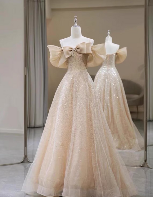 Champagne Sequin Tulle Sequin,Sweep Train Gown,Evening Gowns,Bridesmaid Dress,Wedding Dress,Off Shoulder Lace Formal Long Dress