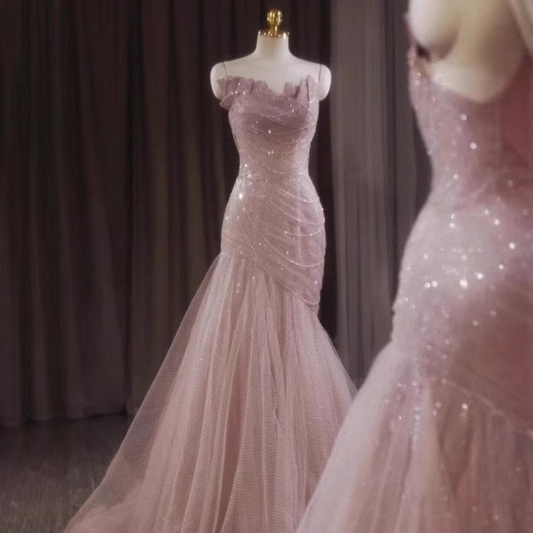 Pink Sequin Lace Formal Long Dress,Sweep Train Prom Dress,Party Dress,Evening Gowns,Bridesmaid Dress,Wedding Dress,Mermaid Dress