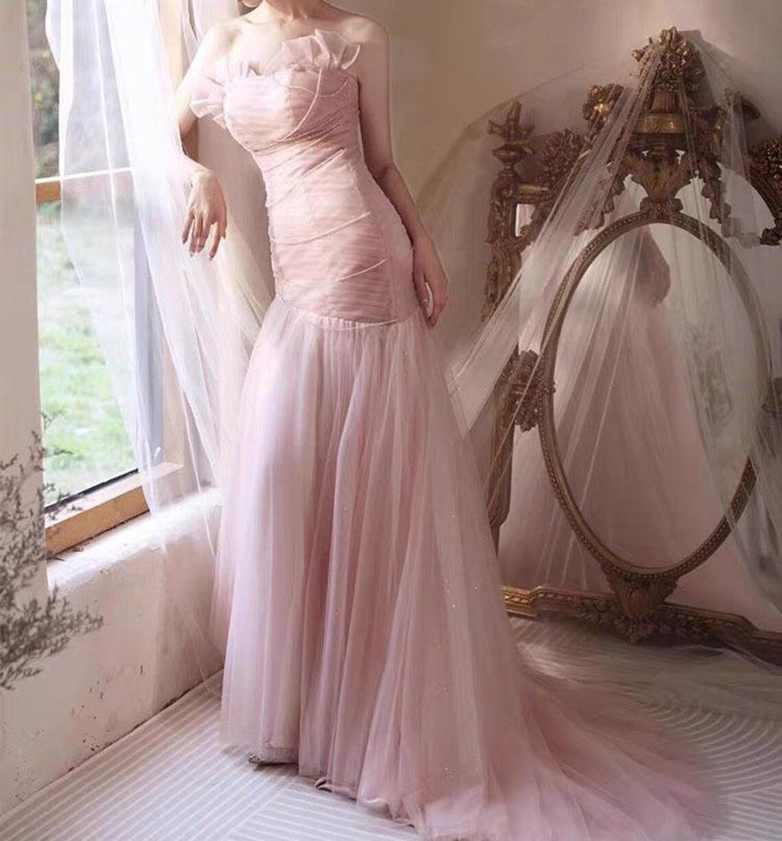 Pink Sequin Lace Formal Long Dress,Sweep Train Prom Dress,Party Dress,Evening Gowns,Bridesmaid Dress,Wedding Dress,Mermaid Dress