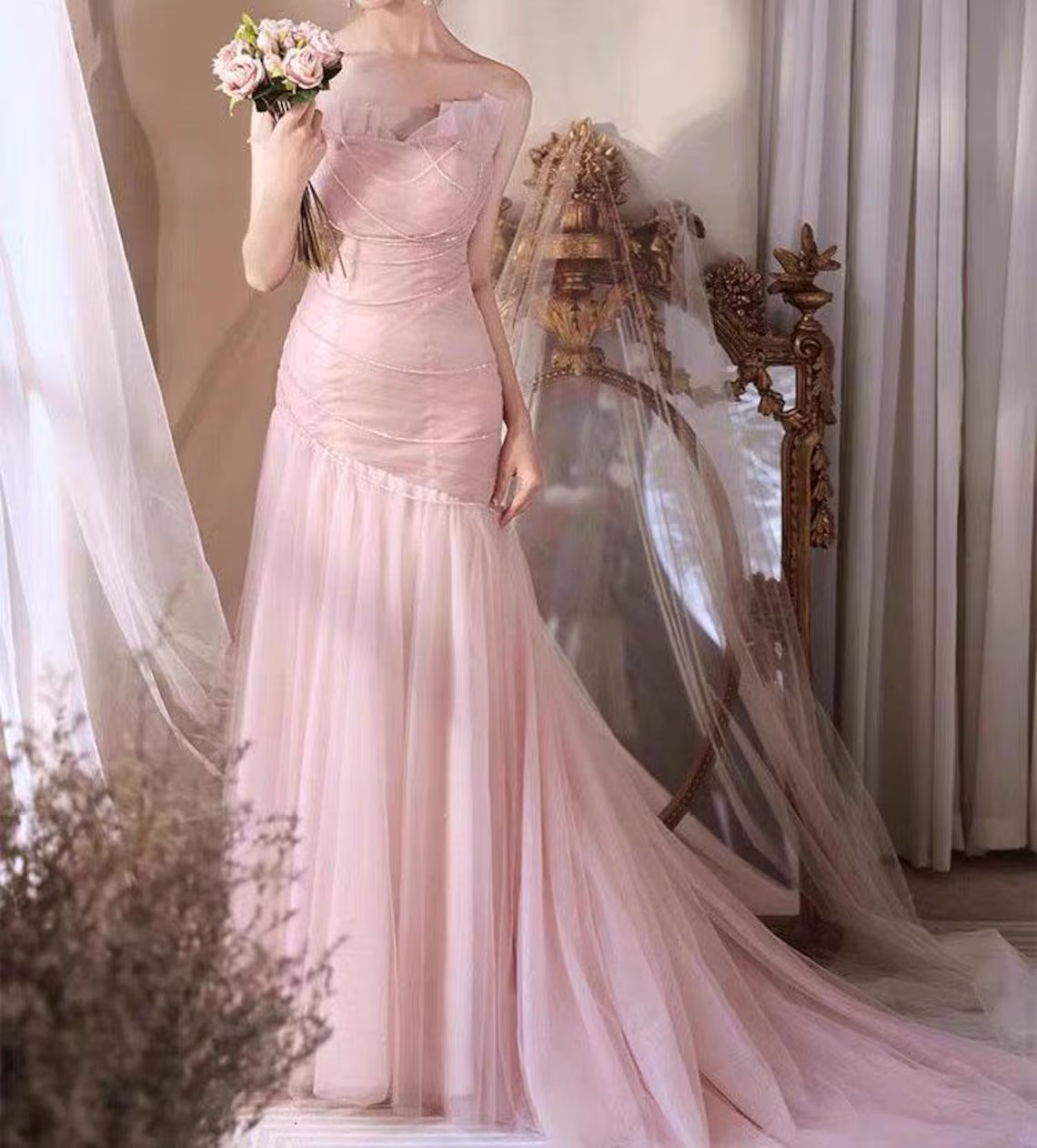 Pink Sequin Lace Formal Long Dress,Sweep Train Prom Dress,Party Dress,Evening Gowns,Bridesmaid Dress,Wedding Dress,Mermaid Dress