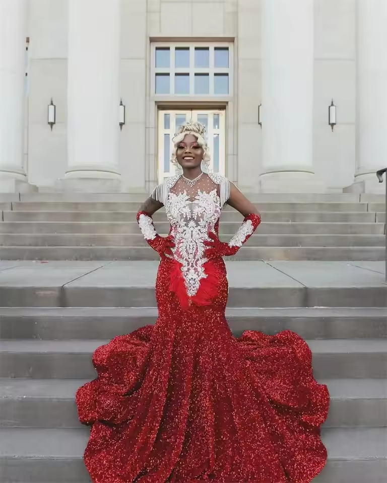 Luxury Red Diamonds Long Prom Dress For Black Girls Beads Crystals Feathers Birthday Party Wedding Reception Customized