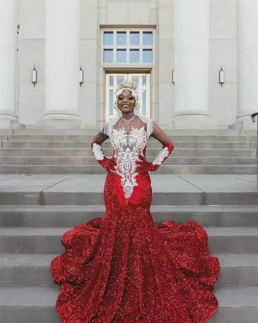 Luxury Red Diamonds Long Prom Dress For Black Girls Beads Crystals Feathers Birthday Party Wedding Reception Customized
