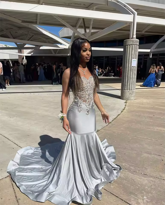 Luxury Silver Diamonds Prom Dresses 2025 Beads Rhinestone Crystal Graduation Gown Wedding Reception Party Gown Customized