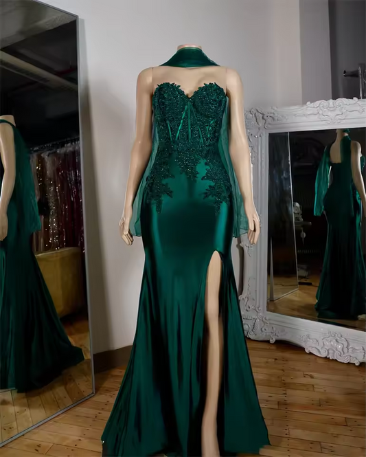 Luxury Green Prom Dress Velvet Lace Appliques Beading Wedding Reception Evening Gown Birthday Party Customized
