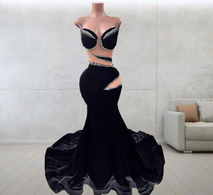 Sexy Black Prom Dresses Beads Black Formal Evening Dress Women See Through Black Girls Gala Party Gowns Customized
