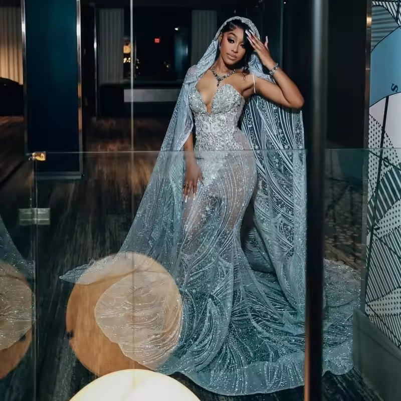 Luxury Crystal Prom Dresses With Cloak 2025 Black Girls Beading Mermaid Party Gowns See Through African Evening Dress Customized